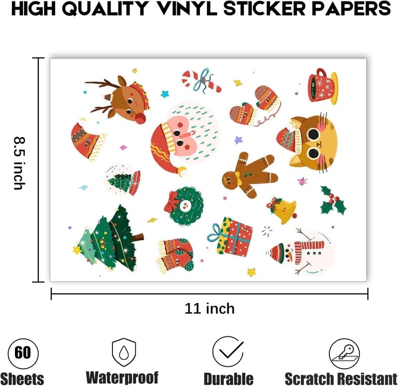 Aevdor 60 Sheets Premium Printable Vinyl Sticker Paper for Inkjet Printer, Glossy White Waterproof, Dries Quickly, Vivid Colors, Tear Resistant, 8.5x11 Inkjet Vinyl Sticker Paper Great for Cutting Machines - Image 2